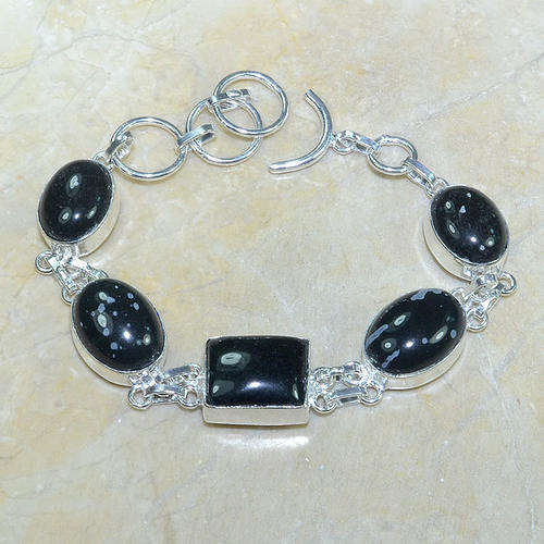 SNOWFLAKE OBSIDIAN+BLACK TIGER EYE SILVER BRACELET 7 1/4-8 3/4"